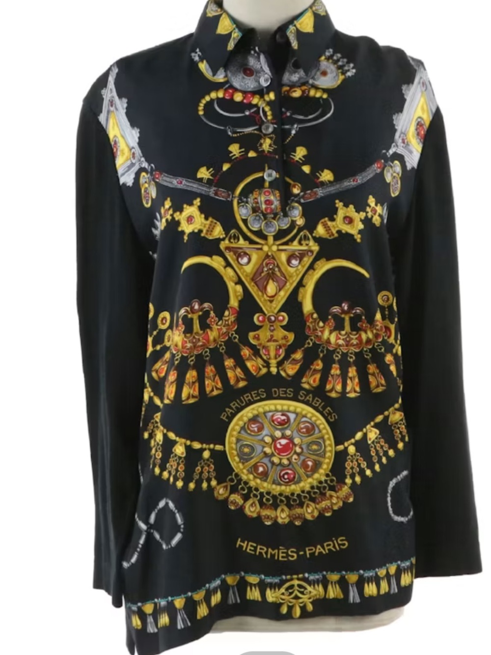 Hermès Long Sleeve Top in "Parures des Sables" Silk Twill and Cotton Blend Knit